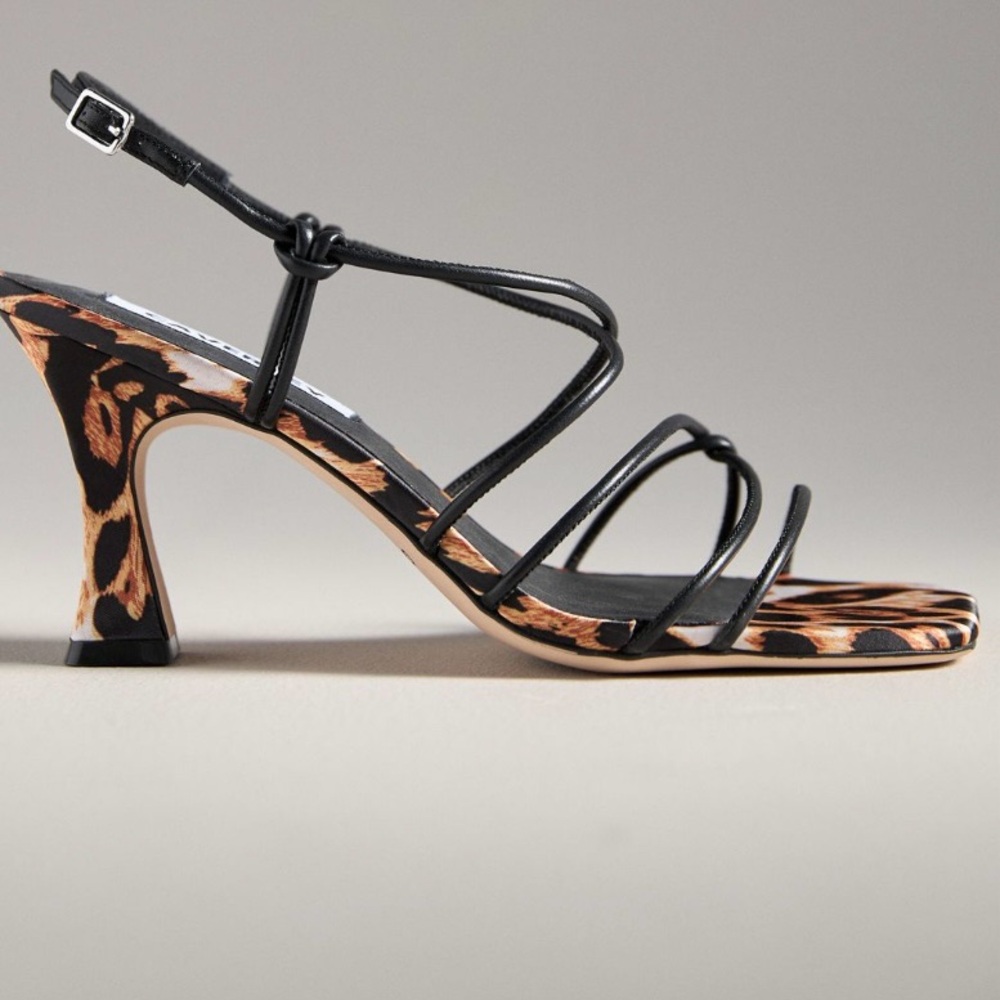 🟠NWT CAVERLEY at ANTHROPOLOGIE Molly Strappy Heels in Brown/Black Animal Print